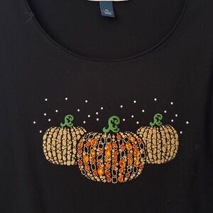 Karen Scott Black 3/4 Sleeve Top with Jeweled Pumpkin Design
